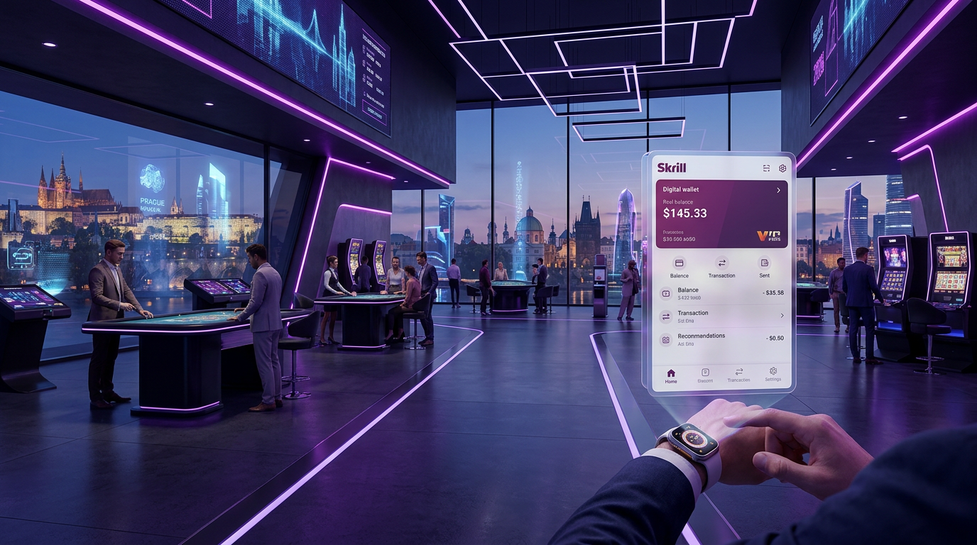 Futuristické finanční prostředí roku 2026 s logem Skrill a digitálními platebními rozhraními