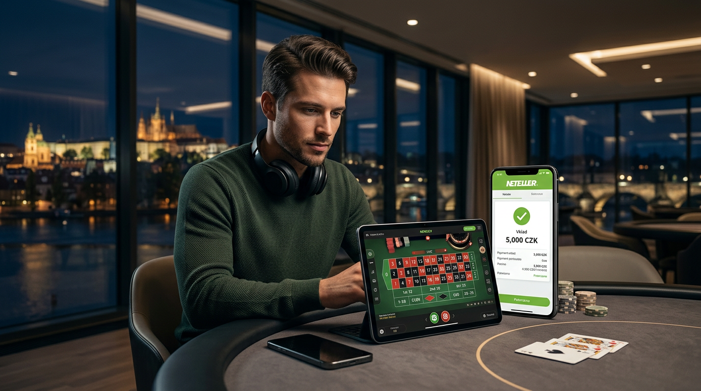 Digitální peněženka Neteller v prostředí online kasina s vizualizací rychlých transakcí.