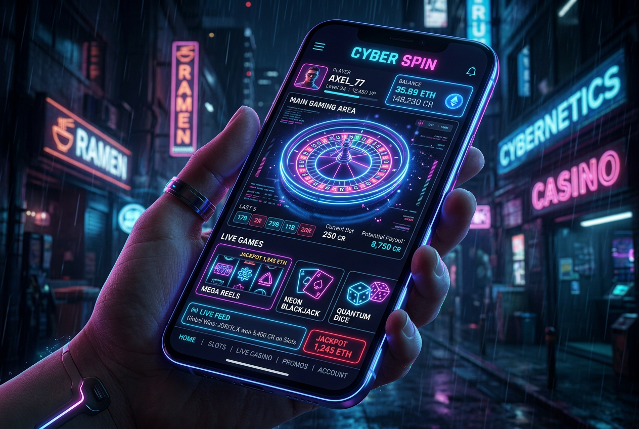 Moderní futuristické rozhraní online kasina na chytrém telefonu s neonovými datovými prvky