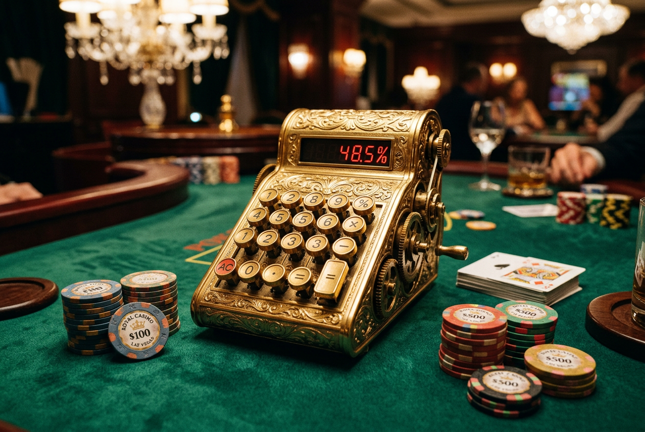 Luxusní zlatá kalkulačka na pokerovém stole pro výpočet bonusů