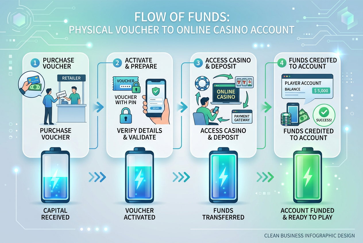 Profesionální infografika toku peněz z Paysafecard kuponu do online kasina s ikonami baterií