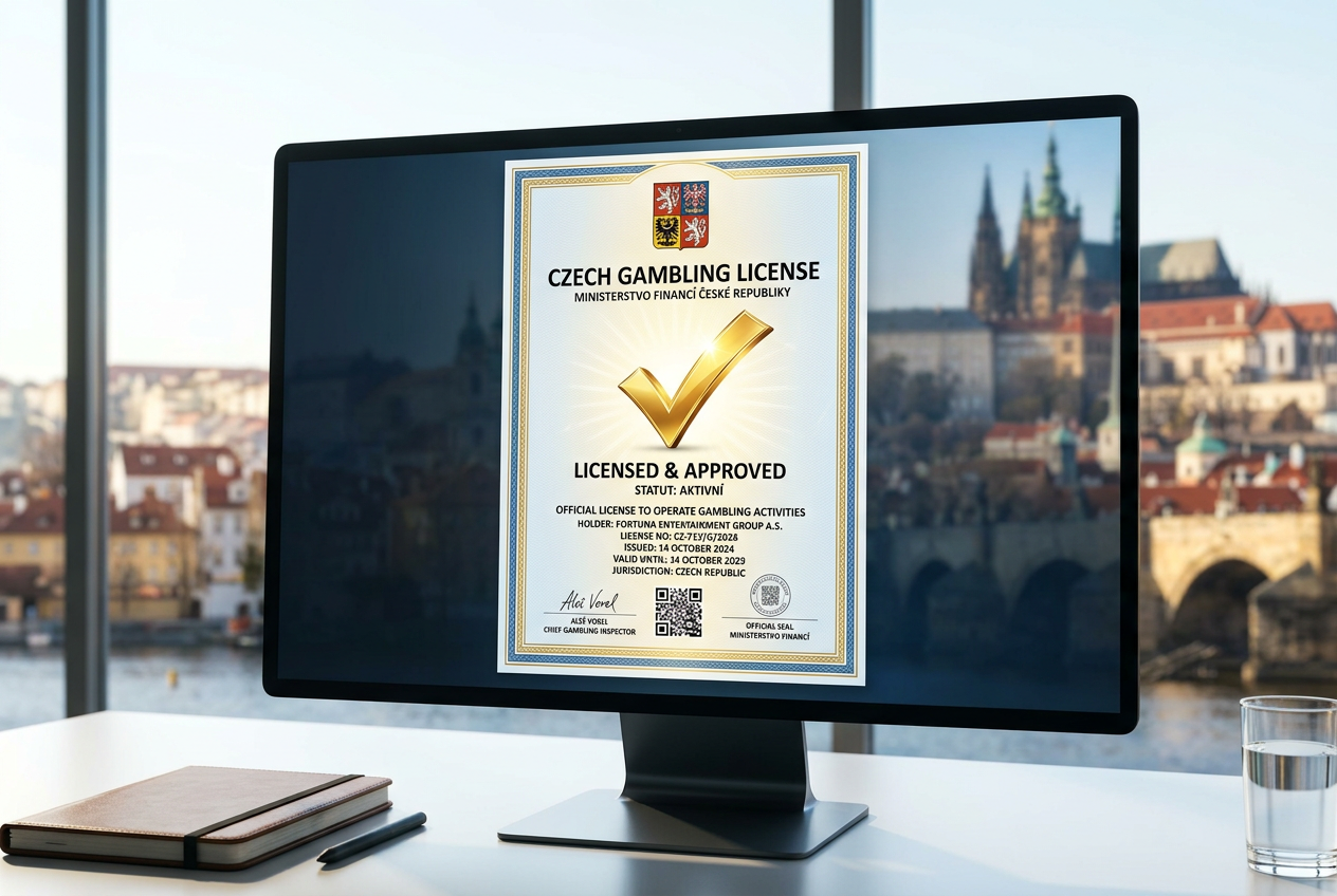 Digitální dokument s licencí pro český hazard a siluetou Pražského hradu